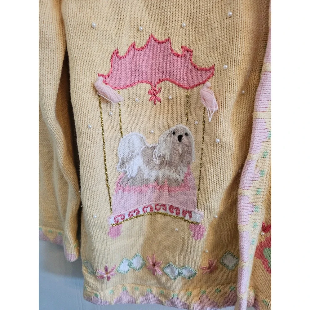 Storybook Knits Lhasa Apso Dog Cardigan Sweater grandmacore Embroidered medium - Picture 4 of 11